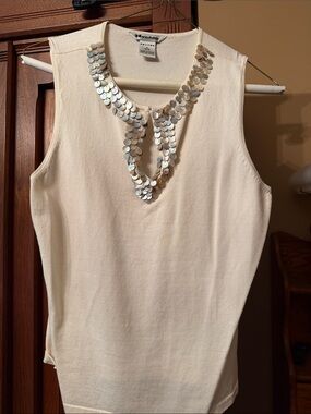 Sleeveless Cream Knit Tank with Sequin Necklace Detail